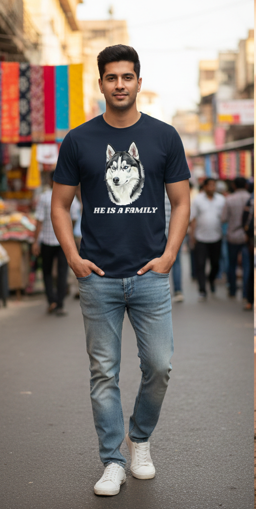 Husky “He Is Family” Graphic Printed Unisex T-Shirt – Dog Lover Casual Tee