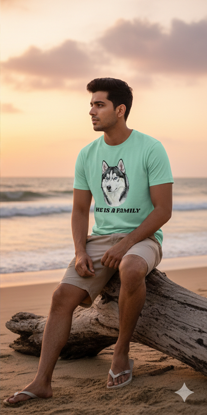 Husky “He Is Family” Graphic Printed Unisex T-Shirt – Dog Lover Casual Tee