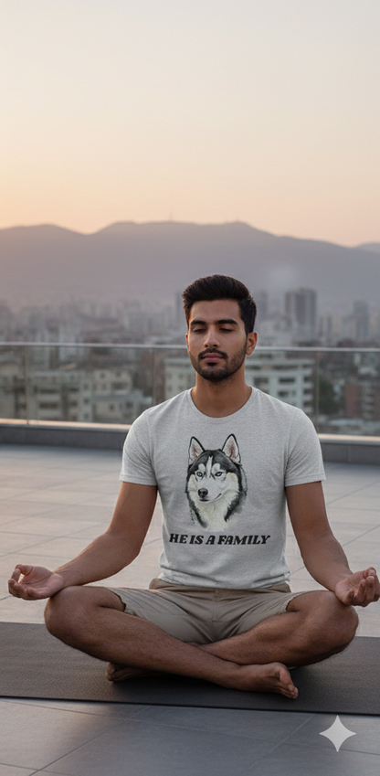 Husky “He Is Family” Graphic Printed Unisex T-Shirt – Dog Lover Casual Tee