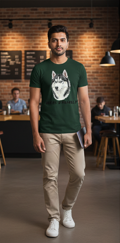 Husky “He Is Family” Graphic Printed Unisex T-Shirt – Dog Lover Casual Tee