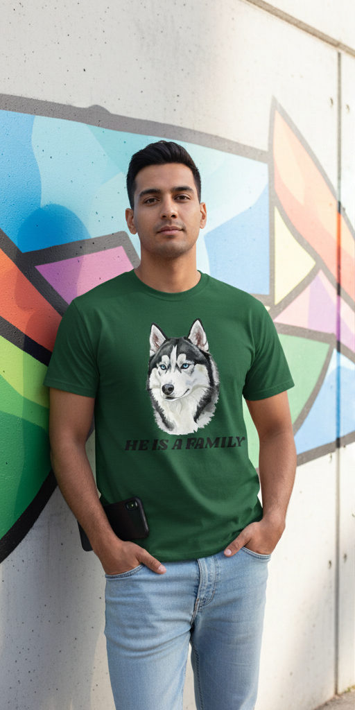 Husky “He Is Family” Graphic Printed Unisex T-Shirt – Dog Lover Casual Tee