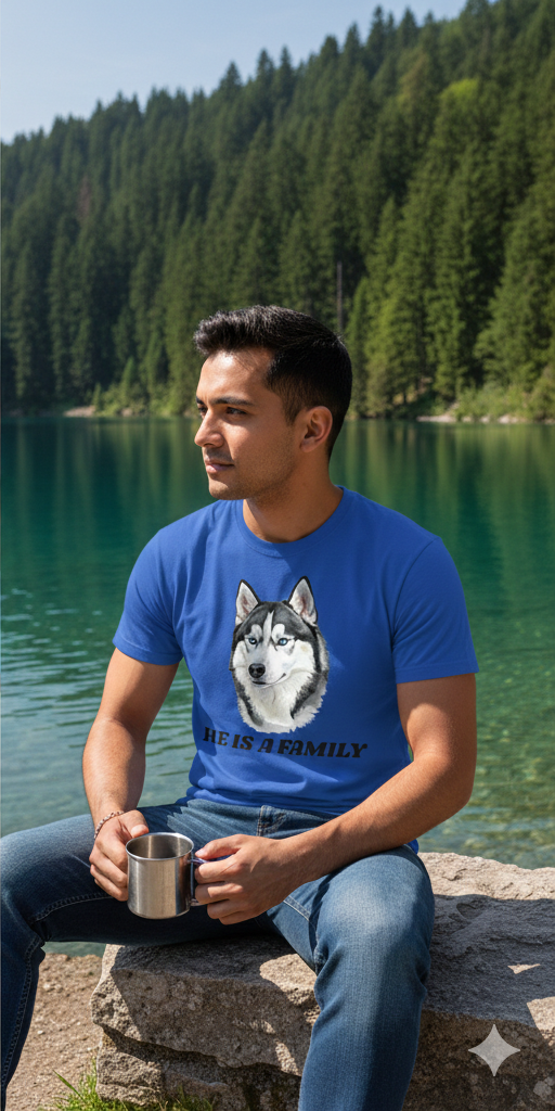 Husky “He Is Family” Graphic Printed Unisex T-Shirt – Dog Lover Casual Tee