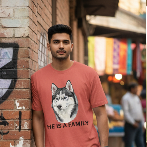 Husky “He Is Family” Graphic Printed Unisex T-Shirt – Dog Lover Casual Tee