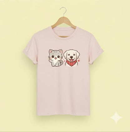 Kids Cute Cat & Dog Graphic T-Shirt – Adorable Pet Friends Cotton Tee for Boys & Girls