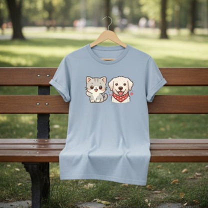 Kids Cute Cat & Dog Graphic T-Shirt – Adorable Pet Friends Cotton Tee for Boys & Girls