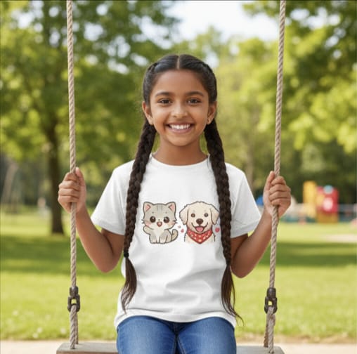 Kids Cute Cat & Dog Graphic T-Shirt – Adorable Pet Friends Cotton Tee for Boys & Girls