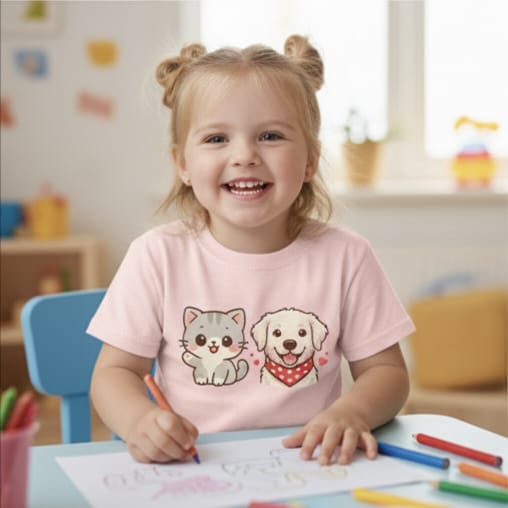 Kids Cute Cat & Dog Graphic T-Shirt – Adorable Pet Friends Cotton Tee for Boys & Girls