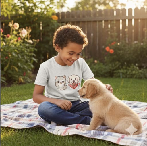 Kids Cute Cat & Dog Graphic T-Shirt – Adorable Pet Friends Cotton Tee for Boys & Girls