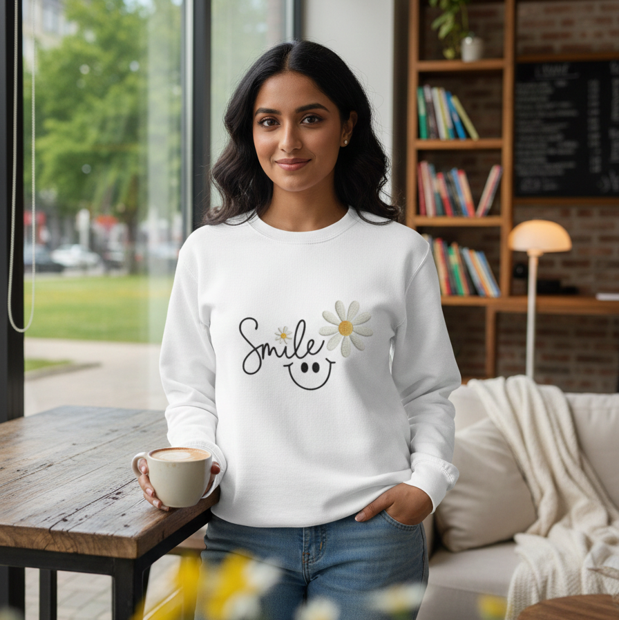 Smile Daisy Graphic Sweatshirt – Cozy Minimal Aesthetic Pullover